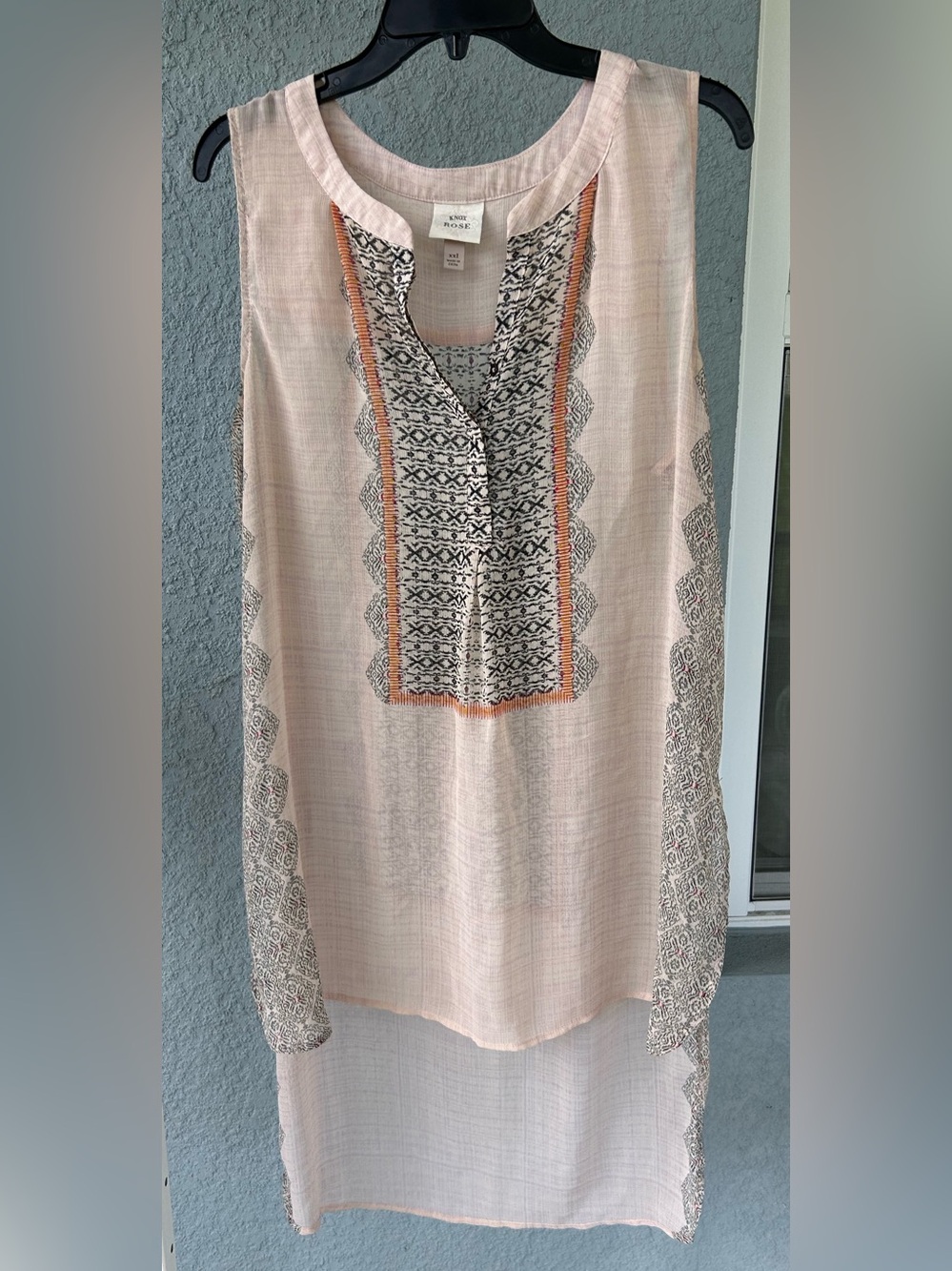 Knox Rose Slightly Sheer High Low Tunic Top Size 2X Tribal Print Boho Split Neck